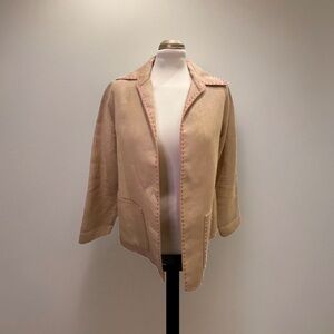 Anne Klein Linen Open Blazer Jacket Tan Beige with Red Stitch Womens Small